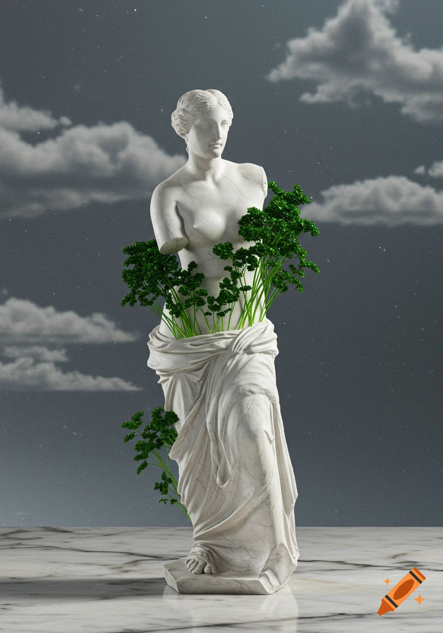 White marble Venus de Milo statue with green parsley growing from its body, on a marble base under a cloudy sky.