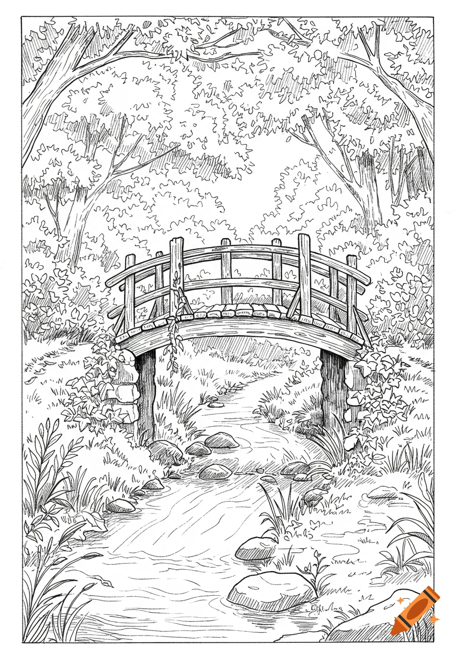 Outline illustration of a wooden bridge crossing a small stream in a lush forest.