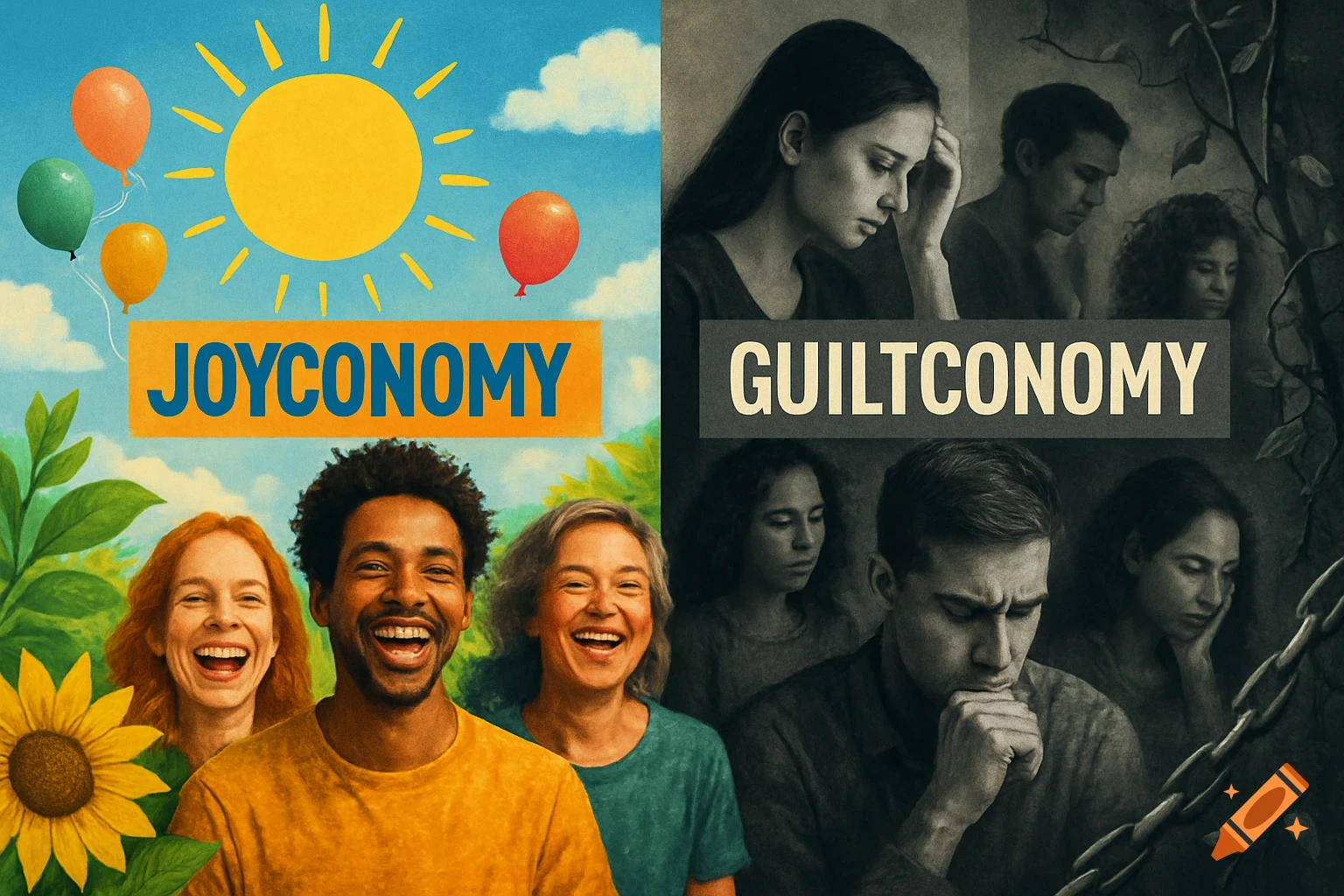 A split image contrasting 'JOYCONOMY' with smiling people, sun, and balloons, against 'GUILTCONOMY' with sad people in a dark setting.