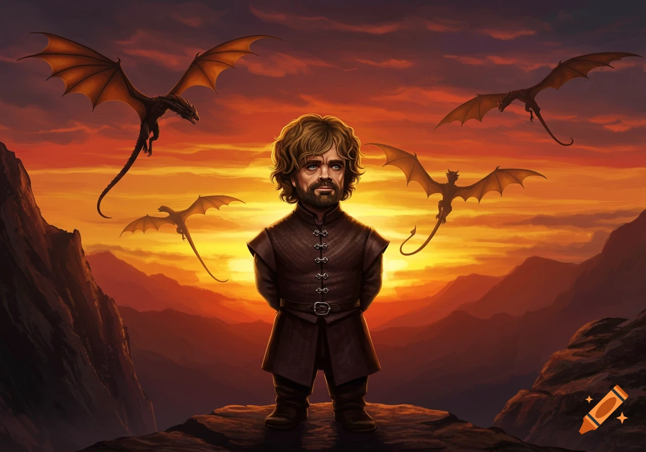 Illustrated fantasy art of Tyrion Lannister on a cliff, facing forward, with three dragons flying in a dramatic orange sunset sky.