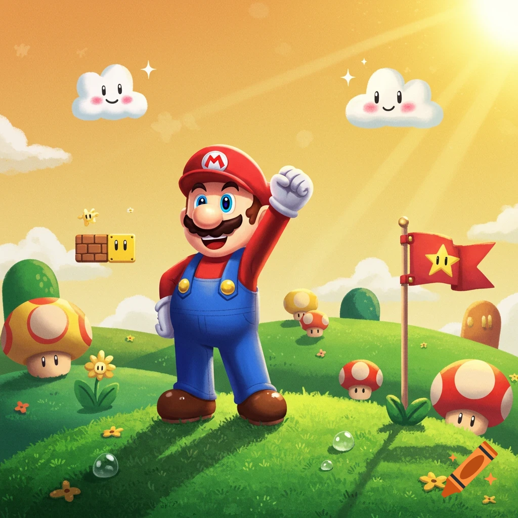 Mario triumphantly stands in a bright, grassy landscape with classic Super Mario game elements like smiling clouds, coin blocks, and mushrooms, under a sunny sky.