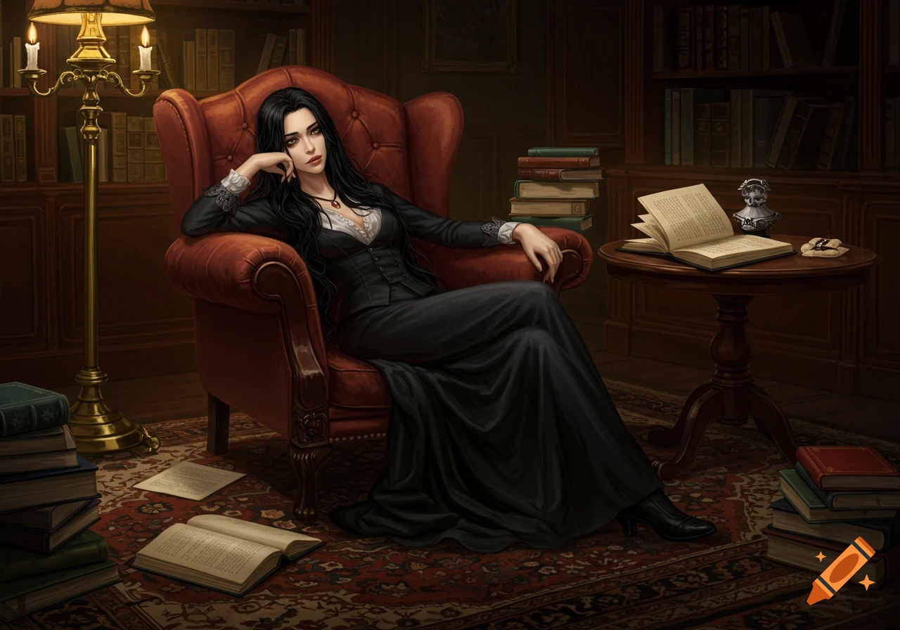 A woman with long black hair in a black dress sits in a red armchair in a dimly lit library, surrounded by books. Digital illustration.