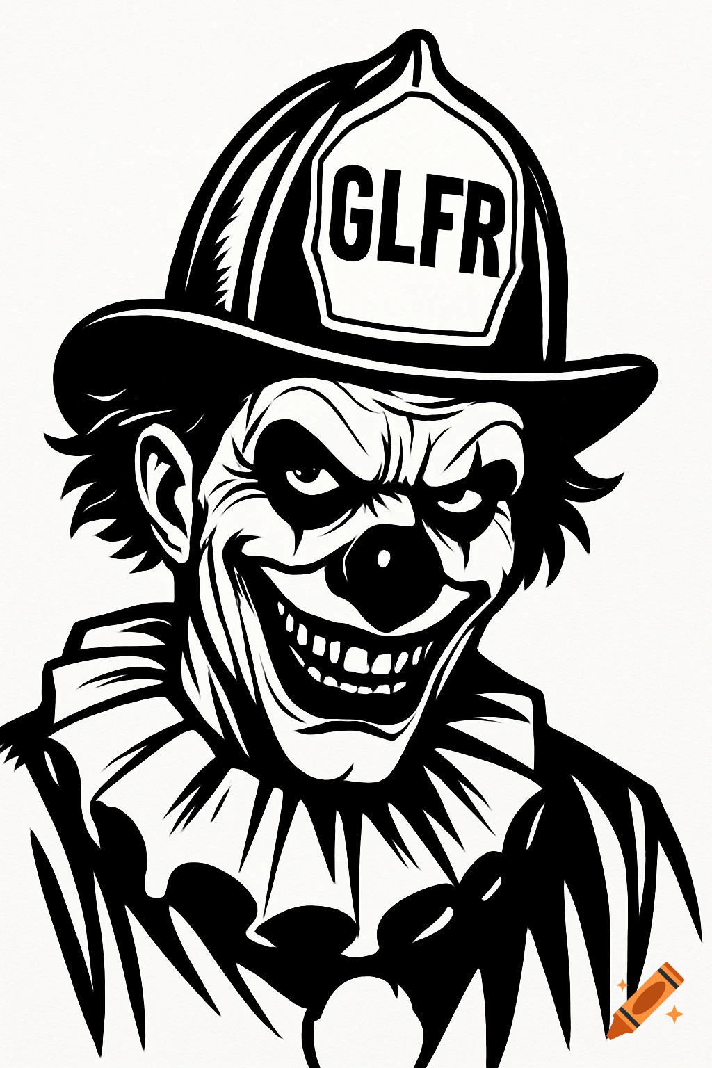 Black and white line art of a scary, smiling clown wearing a fireman's hat that says GLFR.