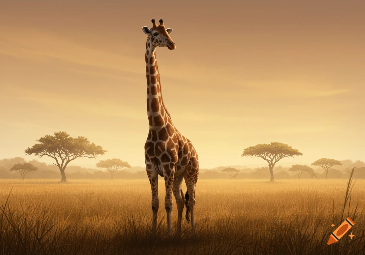 A giraffe stands tall in a golden savanna landscape with scattered acacia trees under a warm, hazy sky.
