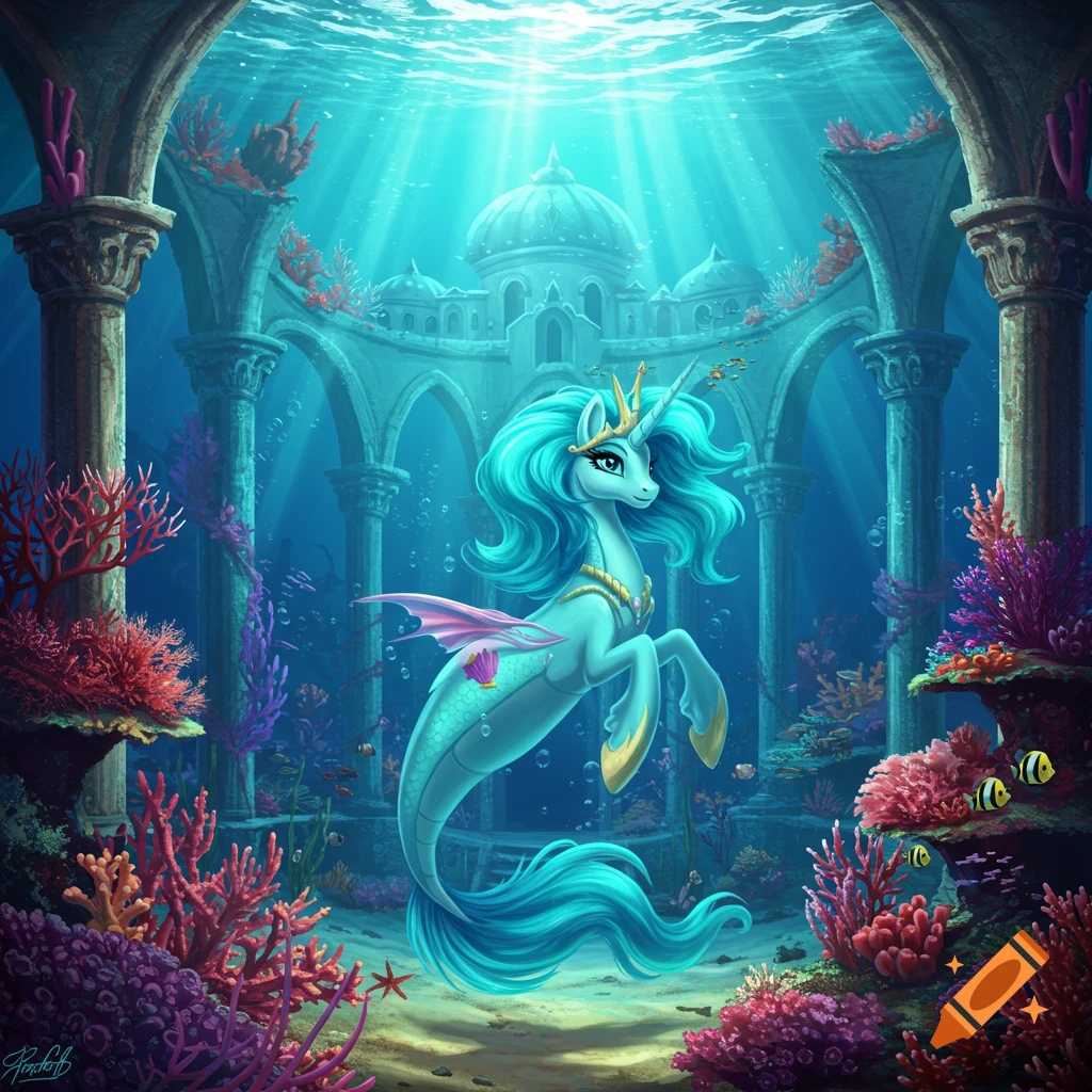 A vibrant mermaid-unicorn hybrid, Queen Novo, with turquoise hair and tail, swims majestically amidst colorful coral reefs and ancient sunken ruins bathed in shimmering light underwater.