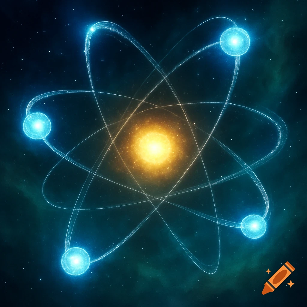A stylized glowing atom with a yellow nucleus and four blue electrons orbiting against a dark, starry cosmic background.