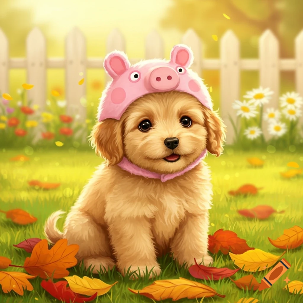 Cute smiling puppy in a pink pig costume sitting in a grassy yard with autumn leaves and a white picket fence.