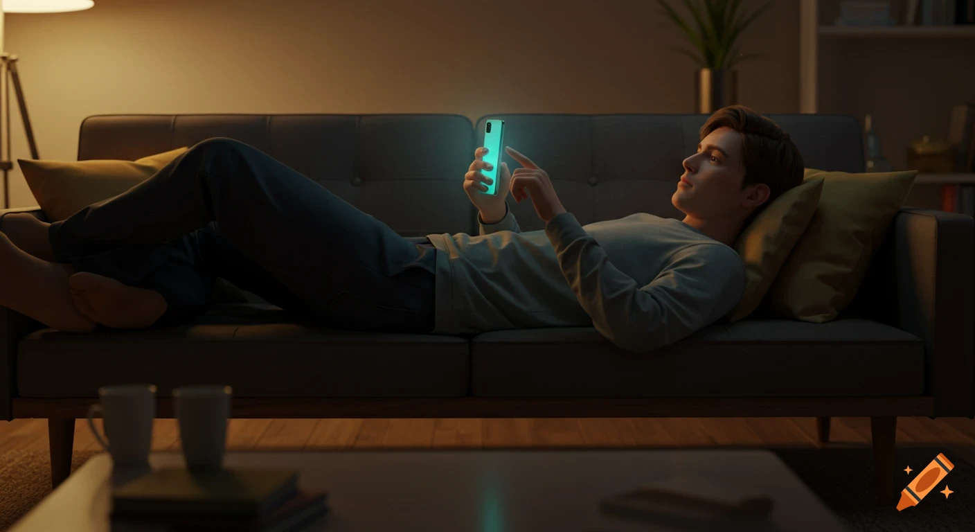 A young man lies relaxed on a modern sofa in a cozy living room, looking at his glowing smartphone, photorealistic style.