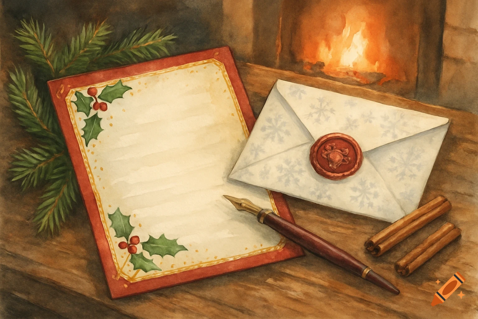 Watercolor illustration of Christmas stationery, a pen, an envelope with a wax seal, and cinnamon sticks by a fireplace.