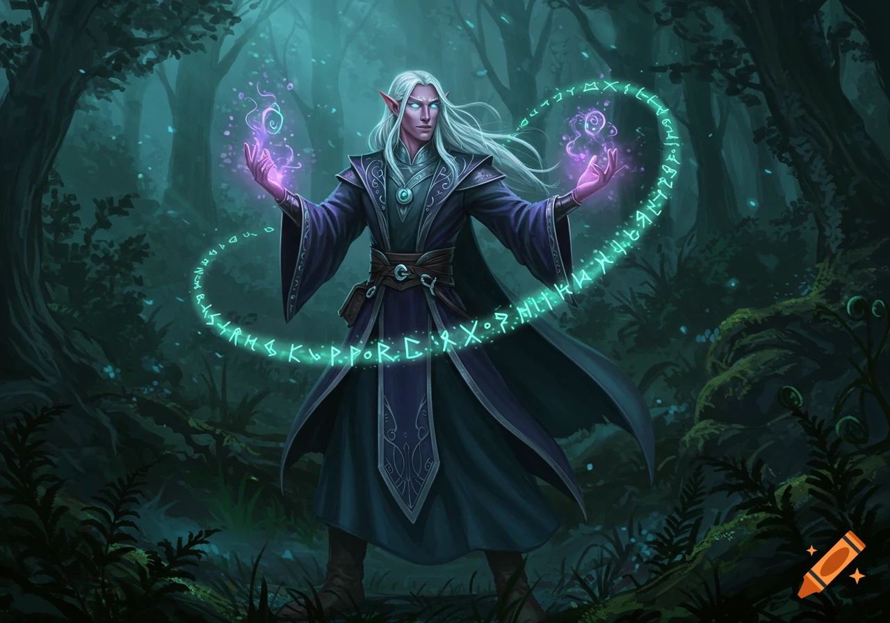 A male elf wizard with white hair and glowing hands casts a spell in a dark, mystical forest, surrounded by glowing runes.