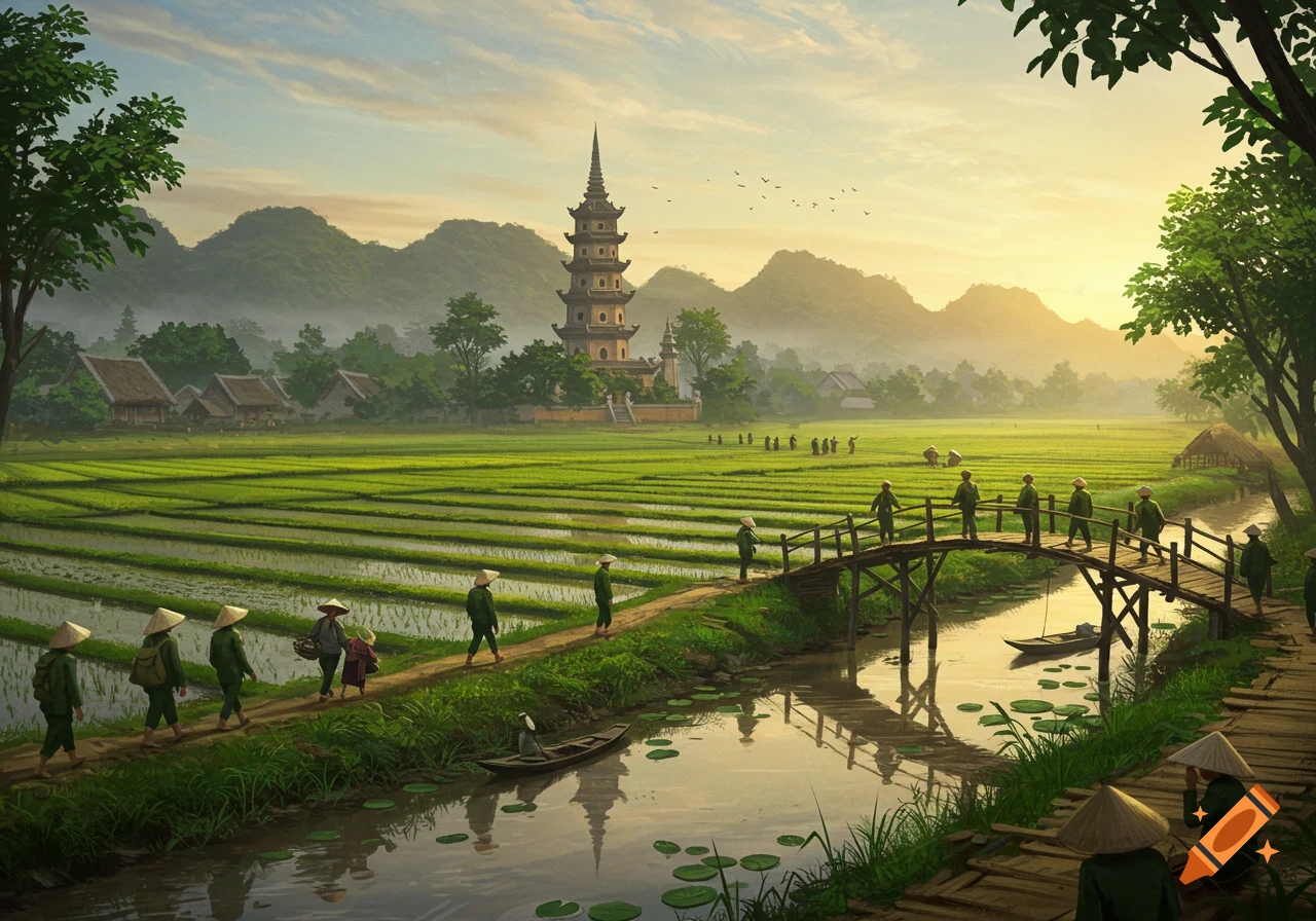 Digital painting of a tranquil Vietnamese village with a pagoda, lush green rice paddies, a river with a wooden bridge, and villagers in conical hats.