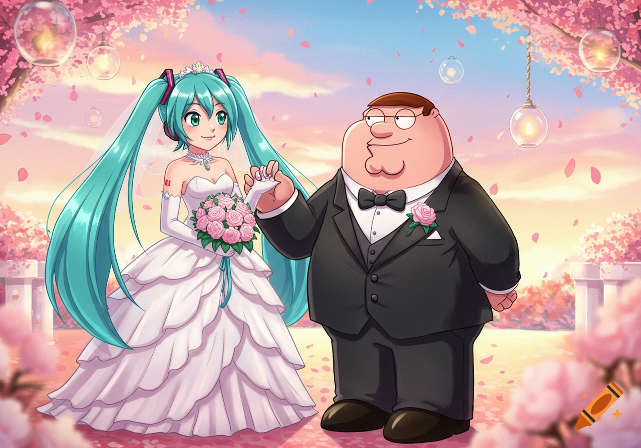 Hatsune Miku and Peter Griffin hold hands at their outdoor wedding under cherry blossoms, in an anime-cartoon style.