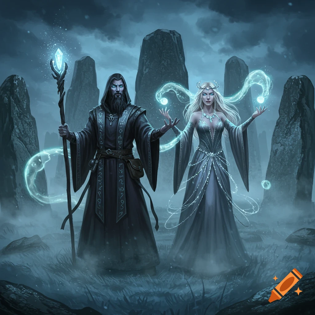 A dark-robed wizard and a blonde sorceress conjure glowing magic among ancient standing stones in a misty, moonlit fantasy scene.