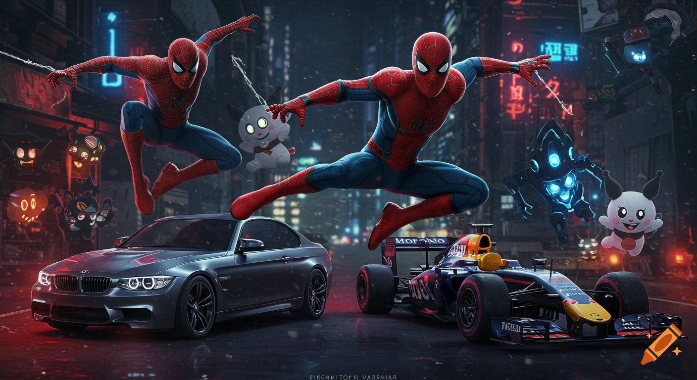 Two Spider-Men leap above a dark BMW and a Formula 1 car in a neon-lit city street, surrounded by floating cartoon creatures.