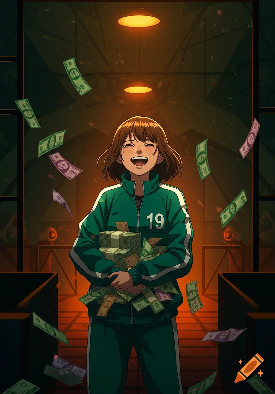 Anime girl in a green tracksuit, laughing and holding stacks of money with more falling, signifying a win.