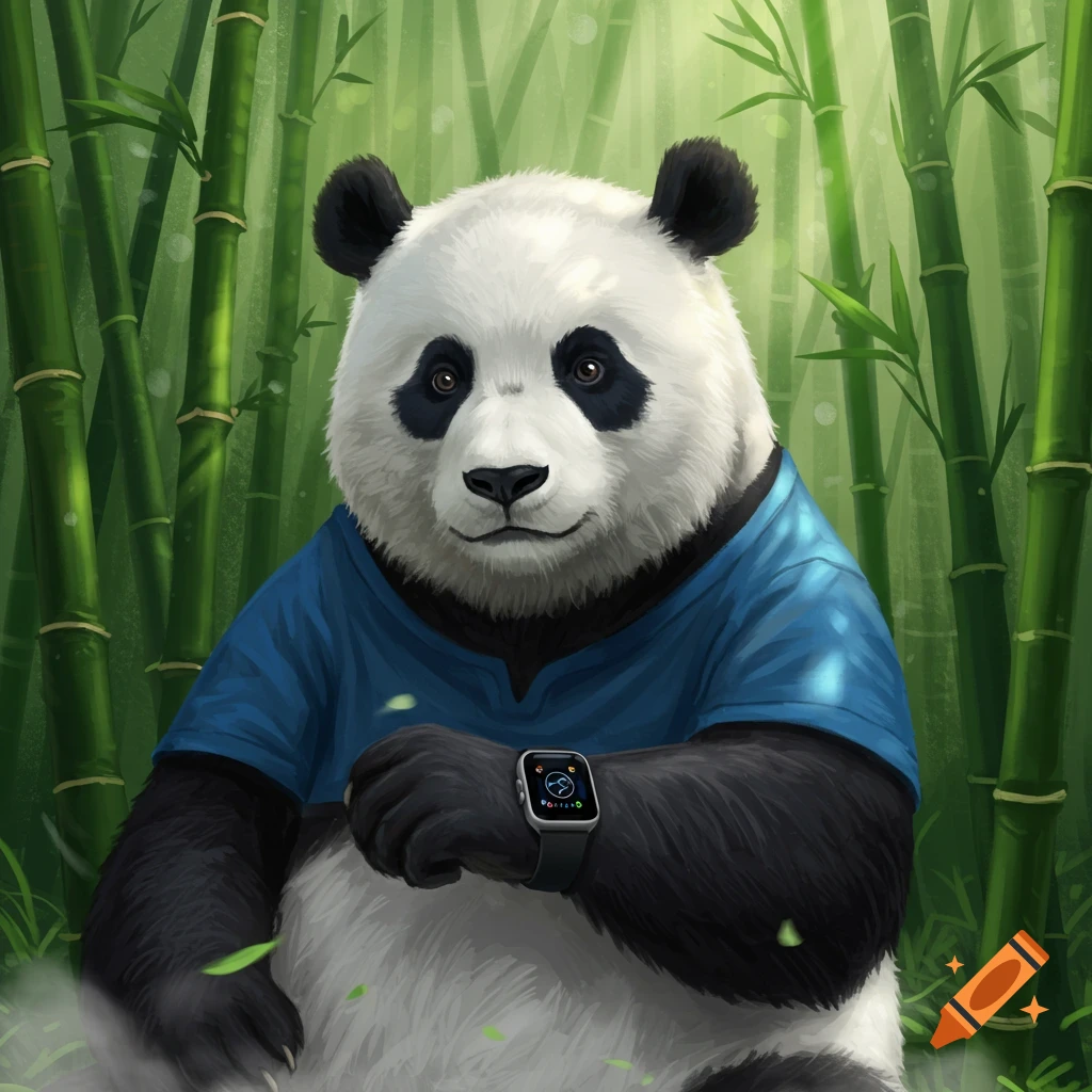 An illustration of a friendly panda wearing a blue shirt and a black smartwatch, sitting in a bamboo forest.