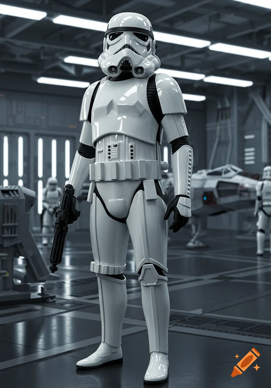 A photorealistic Star Wars Stormtrooper stands holding a blaster in a spaceship hangar, with other troopers and a ship in the background.