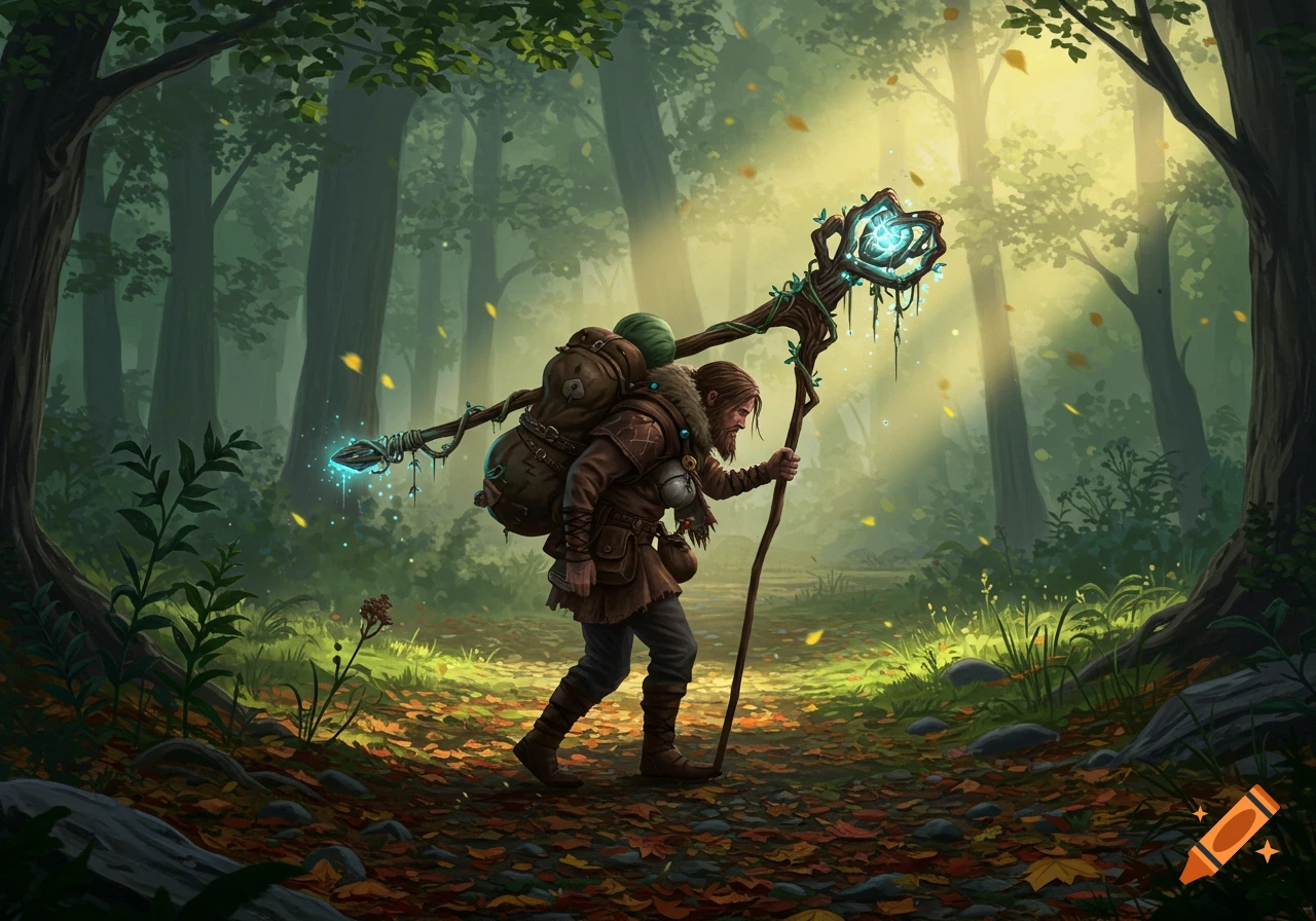 A bearded traveler with a large backpack and a glowing magical staff walks through a sunlit forest path. Fantasy art.