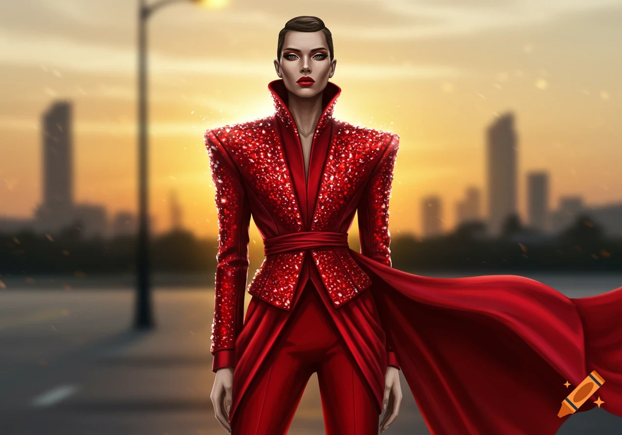 Stylized portrait of a woman in a dazzling red sequined suit and pants, against a blurred city skyline at sunset.