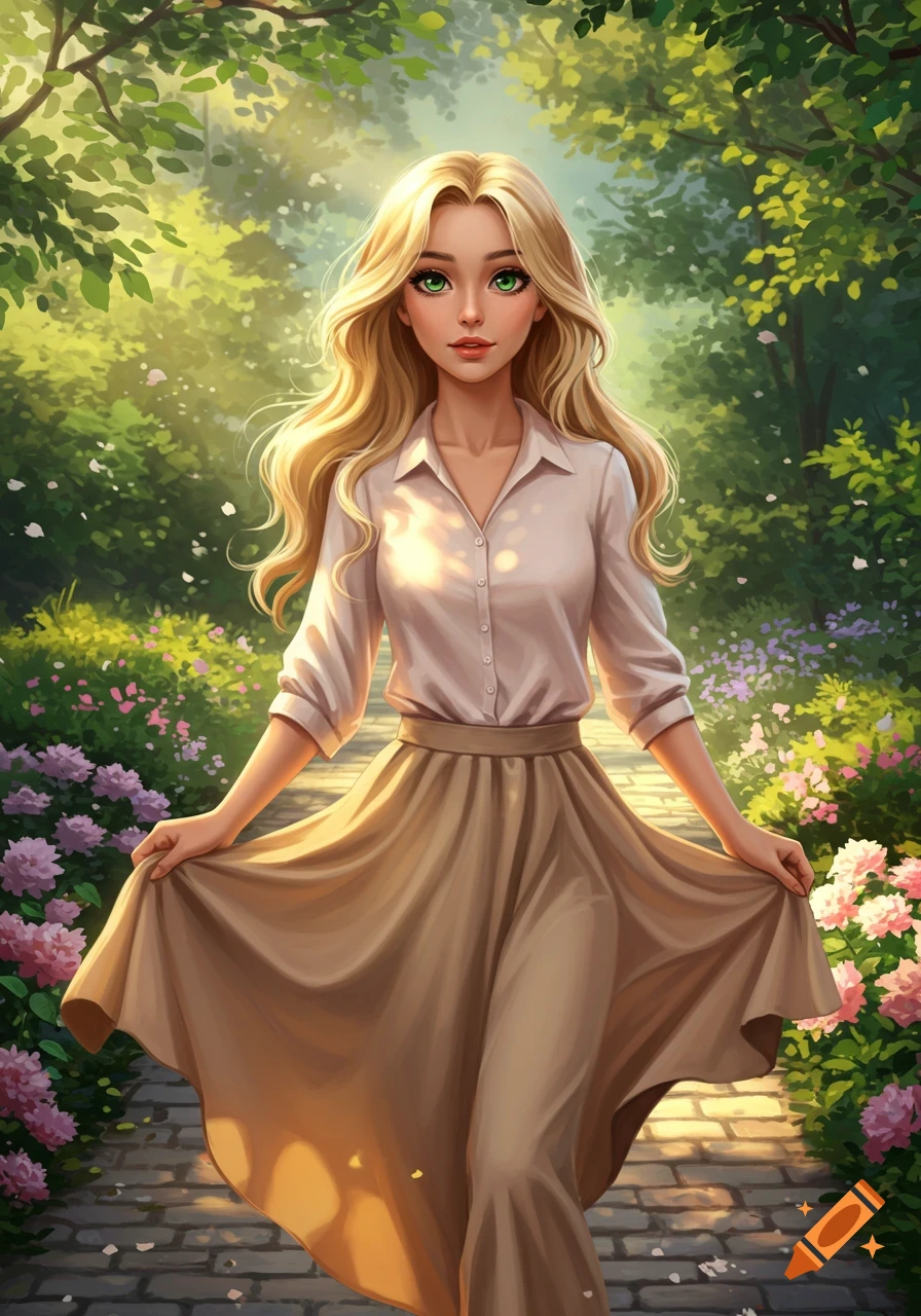 An illustration of a blonde woman with green eyes in a light blouse and tan skirt walking through a sunny garden path with flowers.