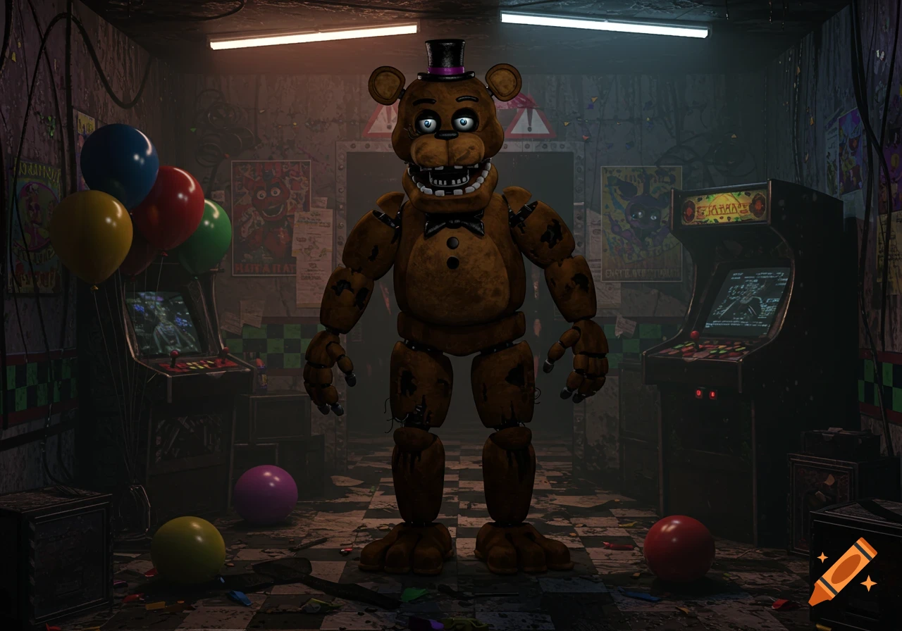 A detailed, full-body shot of Freddy Fazbear, a brown animatronic bear with a top hat and bowtie, standing in a dim, derelict arcade with balloons and arcade machines.