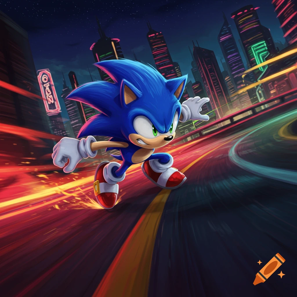 Blue hedgehog Sonic speeds through a futuristic neon city at night, with motion blur effects.