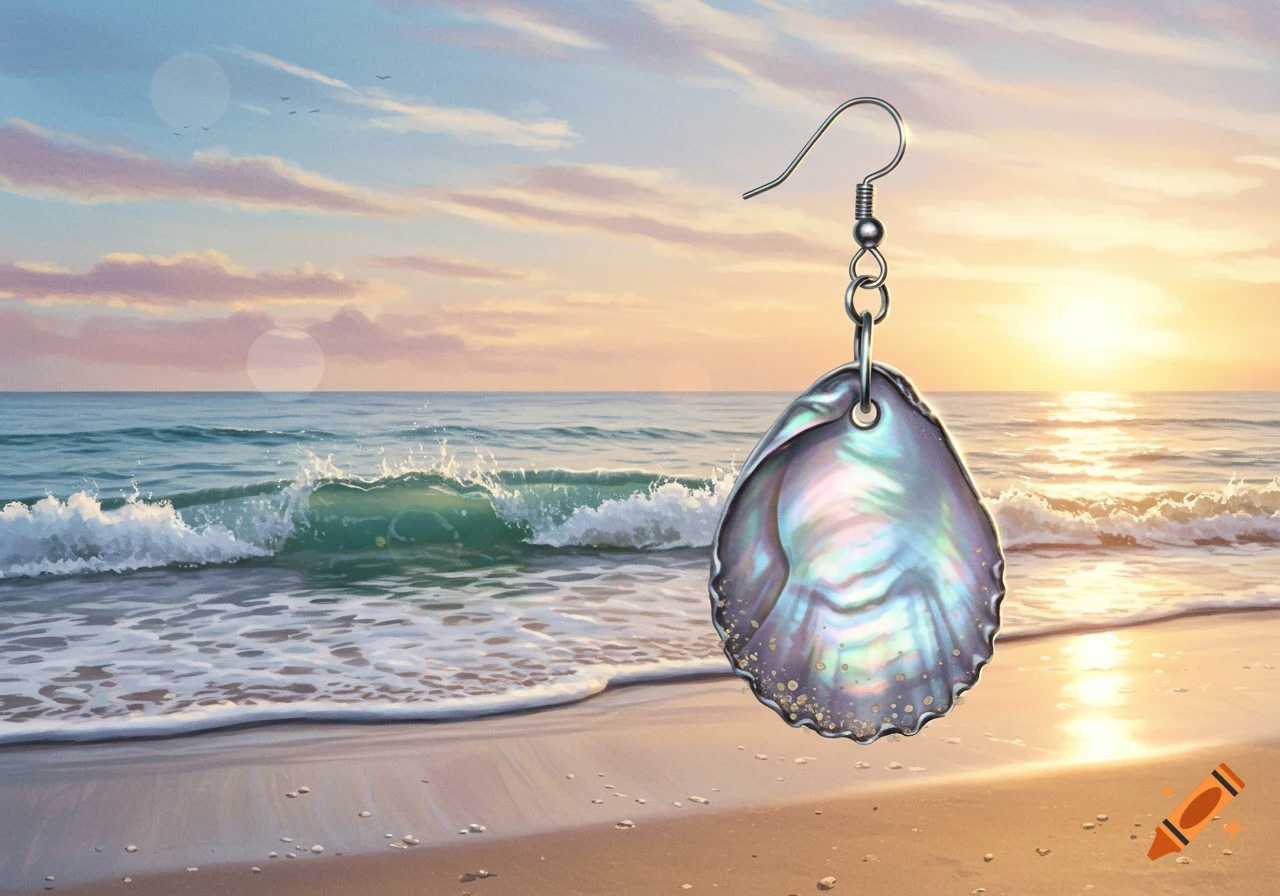 A pearlescent seashell earring hangs against a vibrant beach sunset with rolling waves.