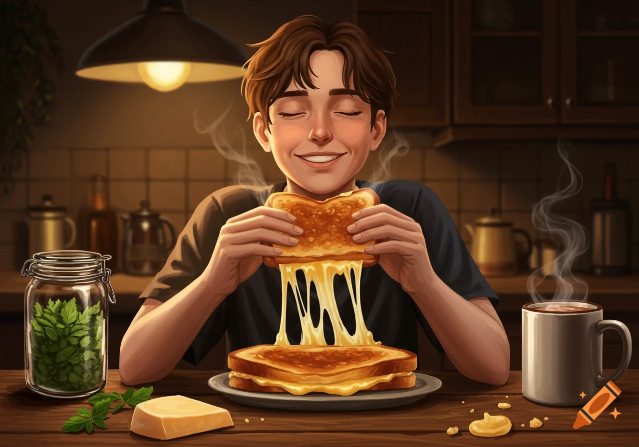 An illustration of a young person smiling with closed eyes, pulling apart a grilled cheese sandwich with melting cheese, in a warm kitchen.
