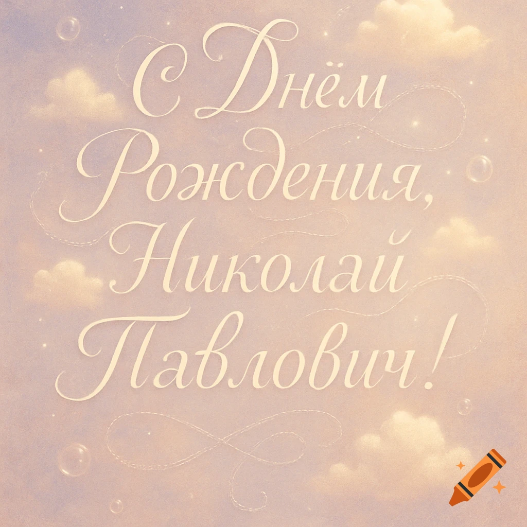 A calligraphic Russian birthday greeting 'Happy Birthday, Nikolay Pavlovich!' on a pastel pink and purple sky background with clouds and bubbles.