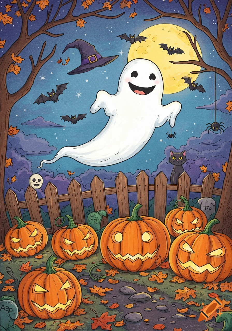 Cartoon ghost, jack-o'-lanterns, bats, and a black cat under a full moon in a spooky Halloween night illustration.