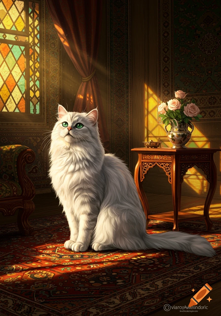 A fluffy white cat with green eyes sits on an ornate red rug in a luxurious room, illuminated by sunbeams from a stained glass window.