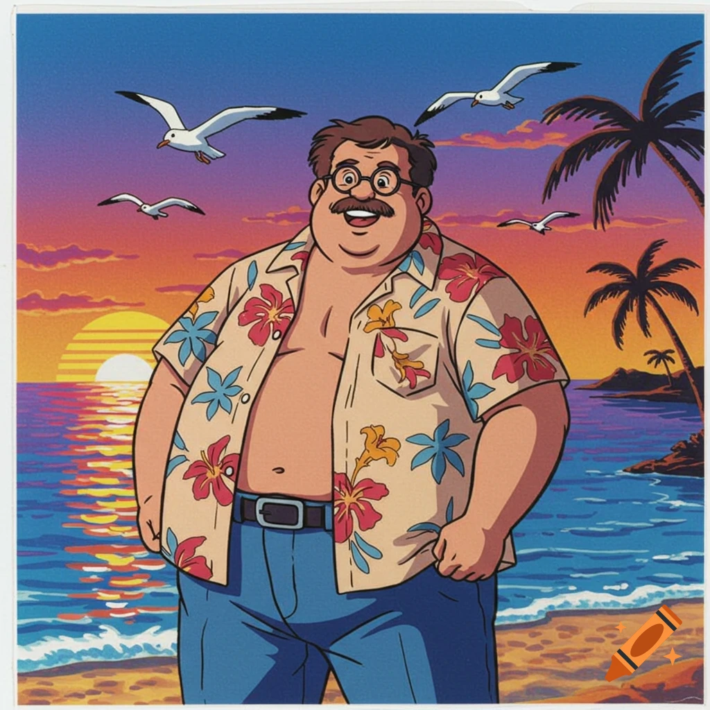 Cartoon of an overweight man in a Hawaiian shirt on a beach at sunset with palm trees and seagulls.