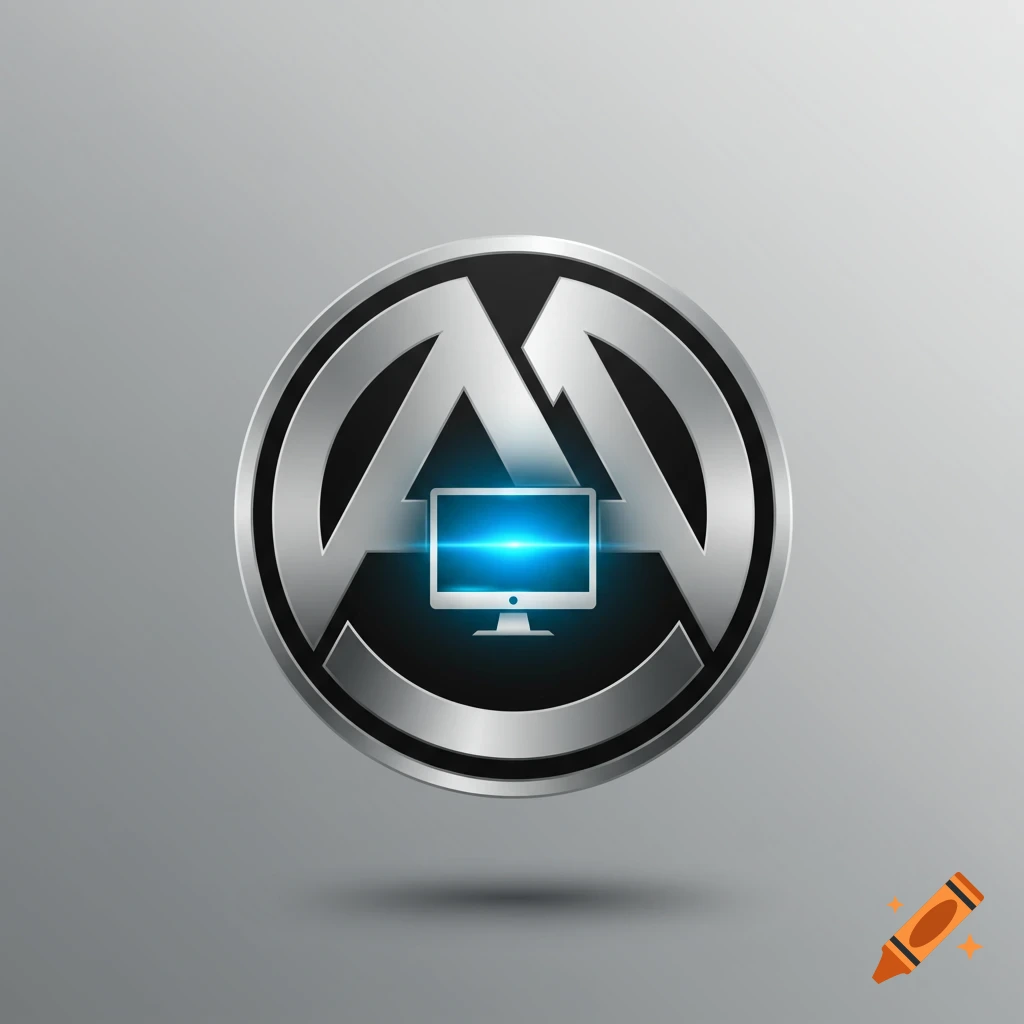 A metallic silver and black logo featuring two stylized 'A's forming a circular design, with a glowing blue computer monitor in the center.