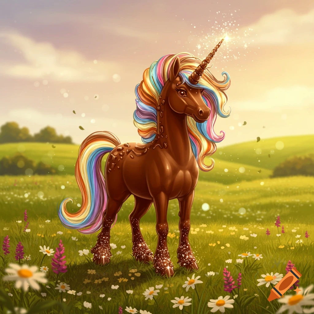 A chocolate unicorn with a rainbow mane and glittering hooves stands in a sunny flower meadow.