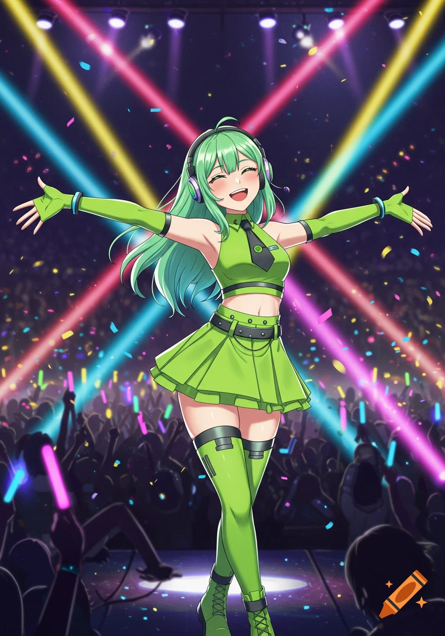 A green-haired anime girl in a green outfit performs on stage at a concert, smiling with arms wide amidst colorful lights and confetti.