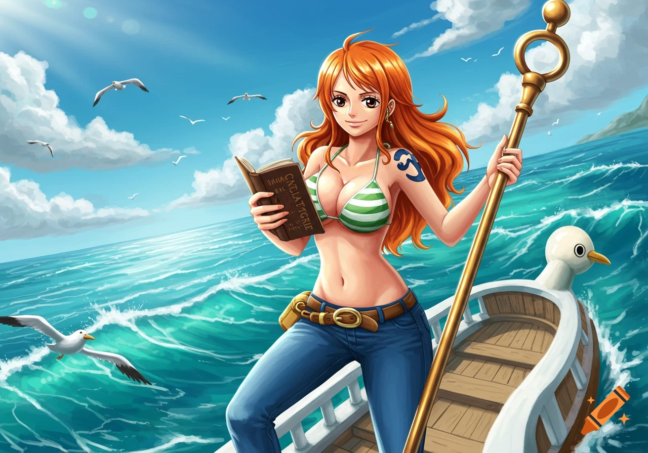 Anime girl Nami in a bikini top and jeans reads a book on a boat in the ocean with seagulls flying under a blue sky.