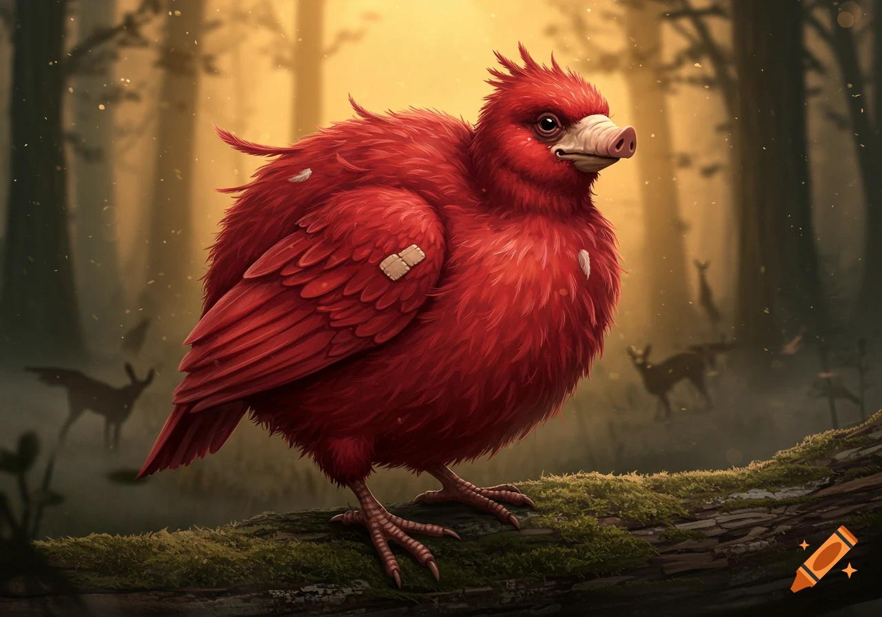 A red, fluffy, bird-like creature with a pig snout stands on a mossy log in a sunlit, misty forest, digital art.