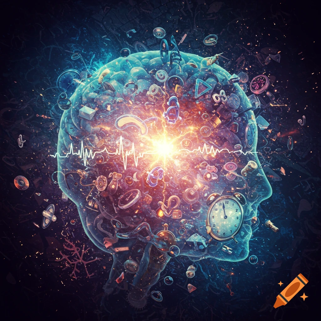 Abstract digital art of a glowing, transparent head silhouette filled with gears, clocks, and symbols, with an ECG line and bright light.