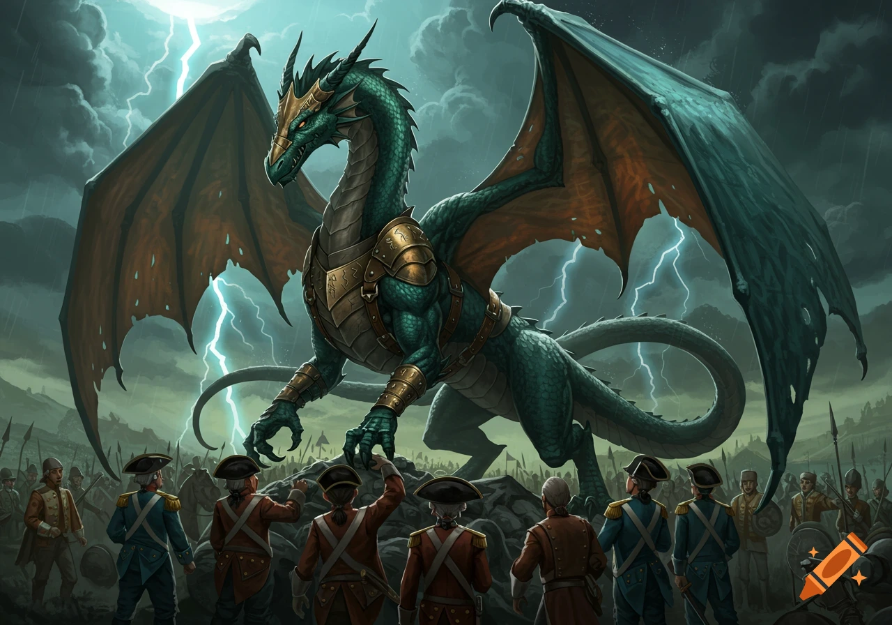 An armored green dragon with large wings stands tall under a lightning storm, facing 18th-century soldiers below.
