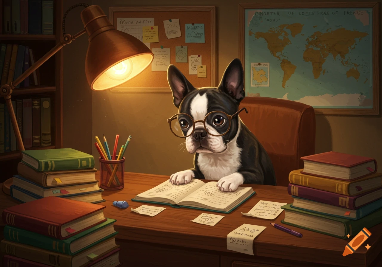 A Boston Terrier wearing glasses sits at a wooden desk, surrounded by open books, pencils, and papers, illuminated by a warm desk lamp in an illustrative style.
