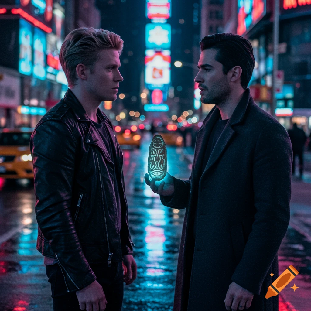 Two men on a rainy city street at night, illuminated by neon signs, one holding a glowing ancient amulet.