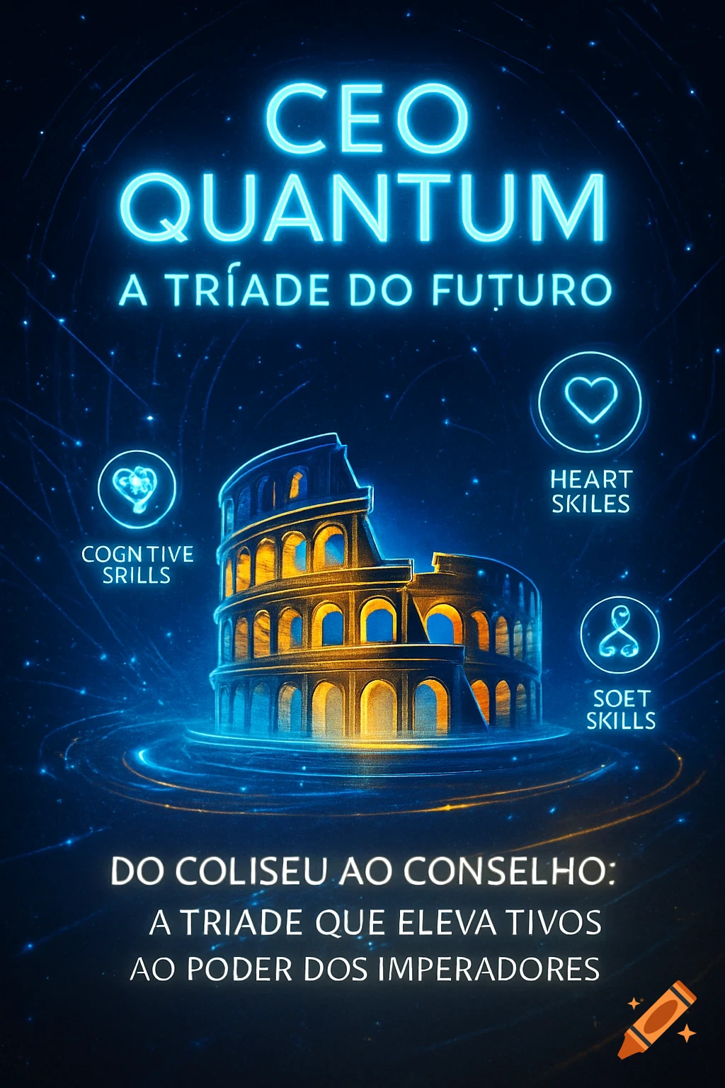 A dark blue poster with neon blue and golden glowing elements. In the center is a stylized Colosseum, encircled by glowing lines. Text on top reads 'CEO QUANTUM A TRÍADE DO FUTURO'. Around the Colosseum are icons with incorrect labels: 'COGNITIVE SILLS', 'HEART SKILES', 'SOET SKILLS'. At the bottom, text reads 'DO COLISEU AO CONSELHO: A TRIADE QUE ELEVA TIVOS AO PODER DOS IMPERADORES'. The style is digital and abstract with glowing particles.