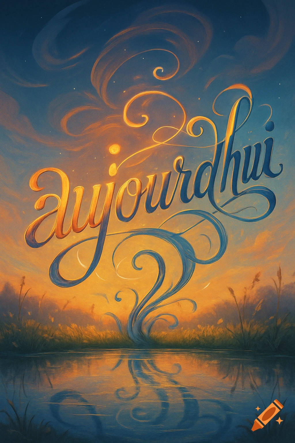 Elaborate golden and blue script of 'aujourd'hui' over a vibrant sunset landscape with water reflections.