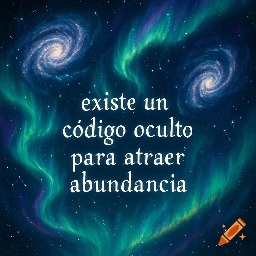 Dark cosmic background with two spiral galaxies, green and blue nebulae, and white text 'existe un código oculto para atraer abundancia'.