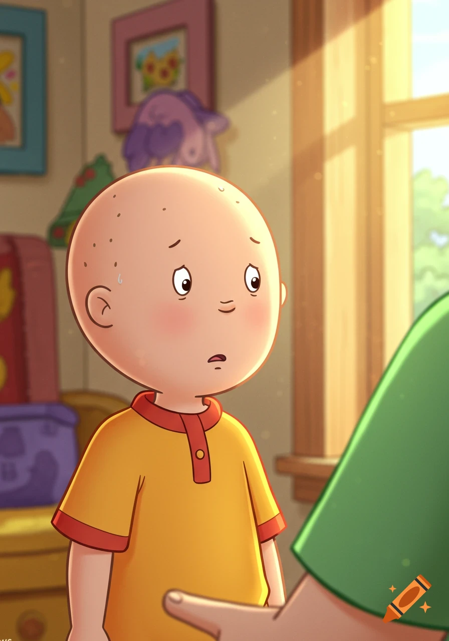 Distressed Caillou, a bald cartoon child, looks at a person in a green shirt in a sunny room.