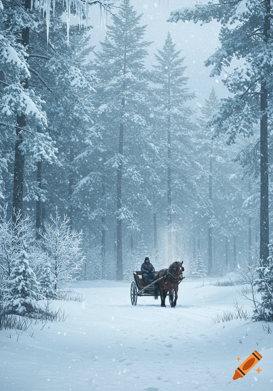 A person drives a horse and buggy through a dense, snow-covered forest during a winter snowstorm.