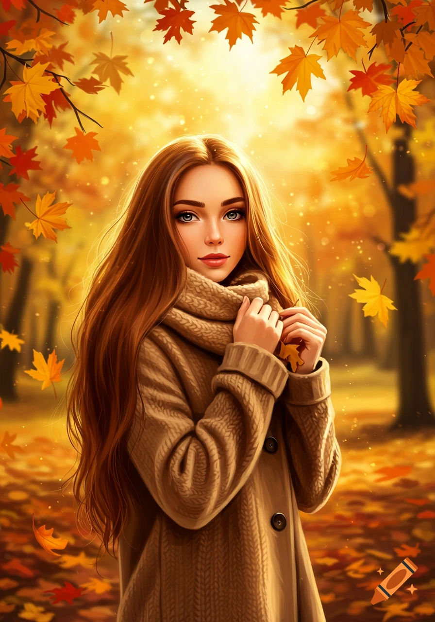 A stylized portrait of a young woman with long auburn hair, wearing a cozy sweater and scarf, surrounded by golden and orange autumn leaves.