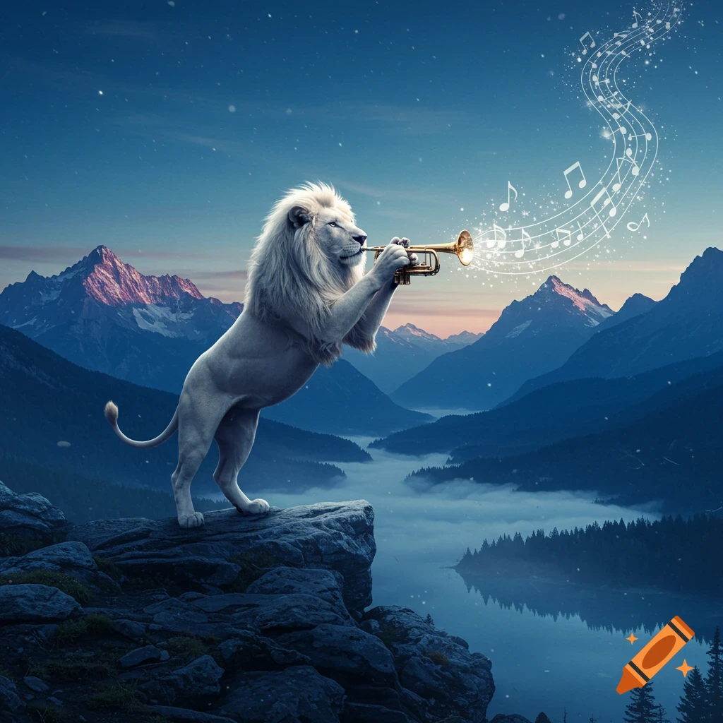 A white lion playing a trumpet on a cliff overlooking a mystical blue mountain and lake landscape with musical notes.