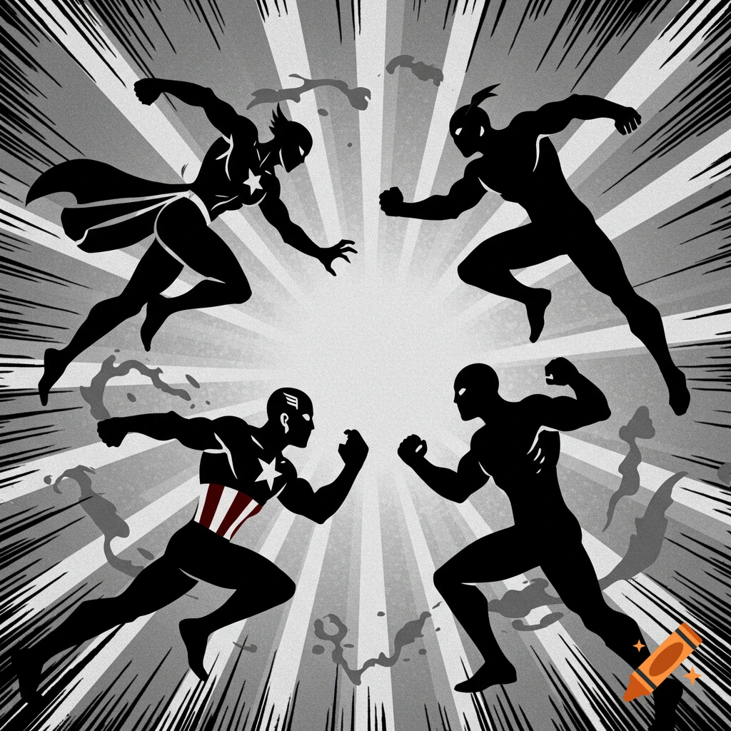 Four silhouette superhero figures, some with costume details, in action poses against a grayscale radial comic book background.