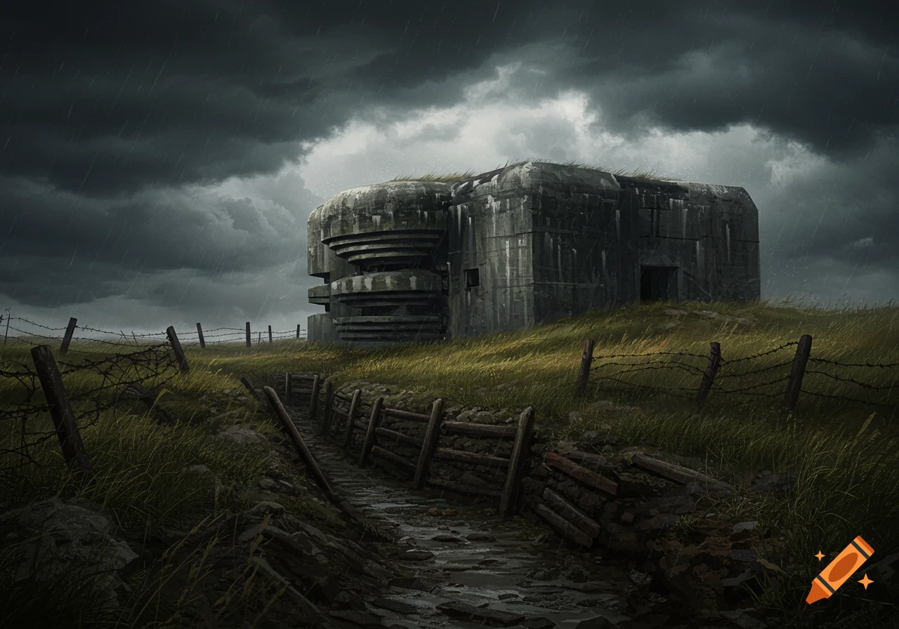 A photorealistic concrete military bunker on a grassy hill under a dark, stormy sky with rain, surrounded by barbed wire and trenches.